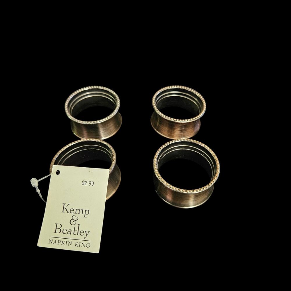 Kemp & Beatley Napkin Rings Set of 4 Antique Copper Tone Beaded Edge